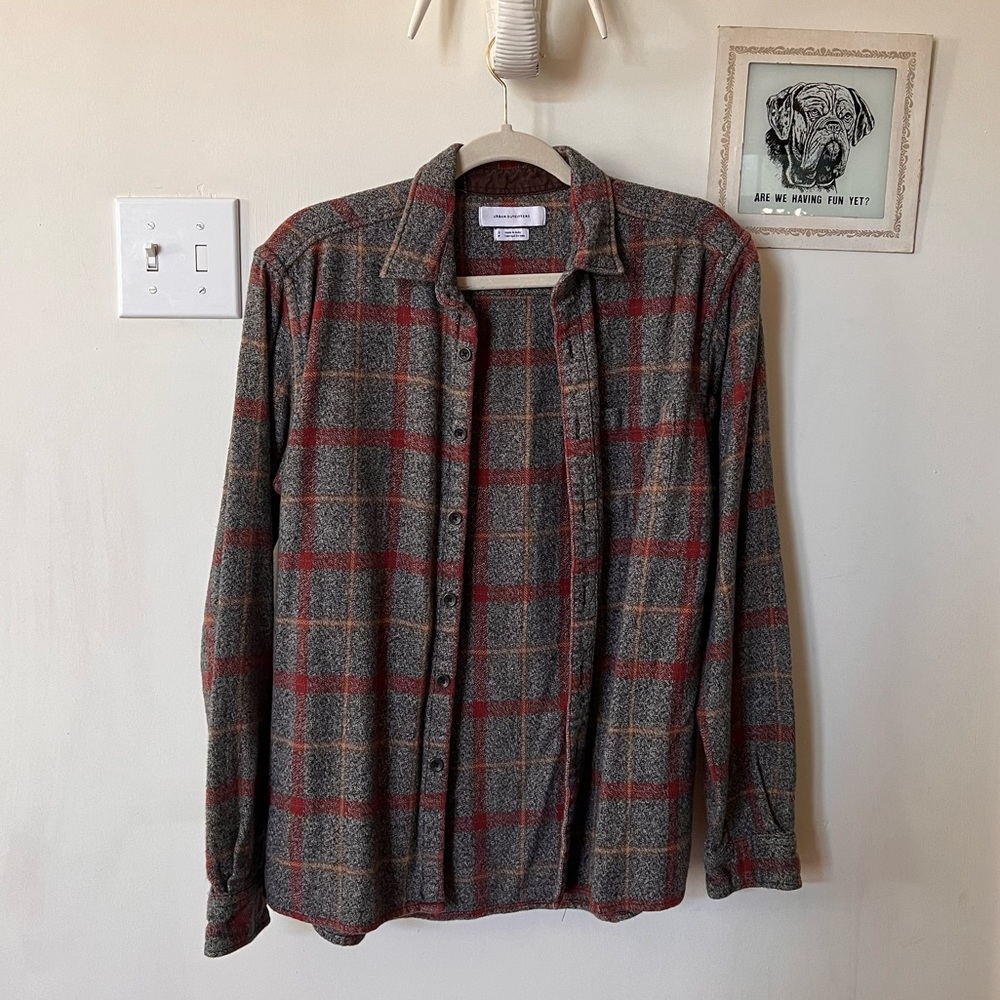 urban outfitters • gray and red flannel button down shirt
